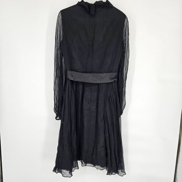 Vintage 1960s Cocktail Party Dress 9 Black Chiffon Ruffle V Neck Rhinestone Belt - Picture 6 of 13